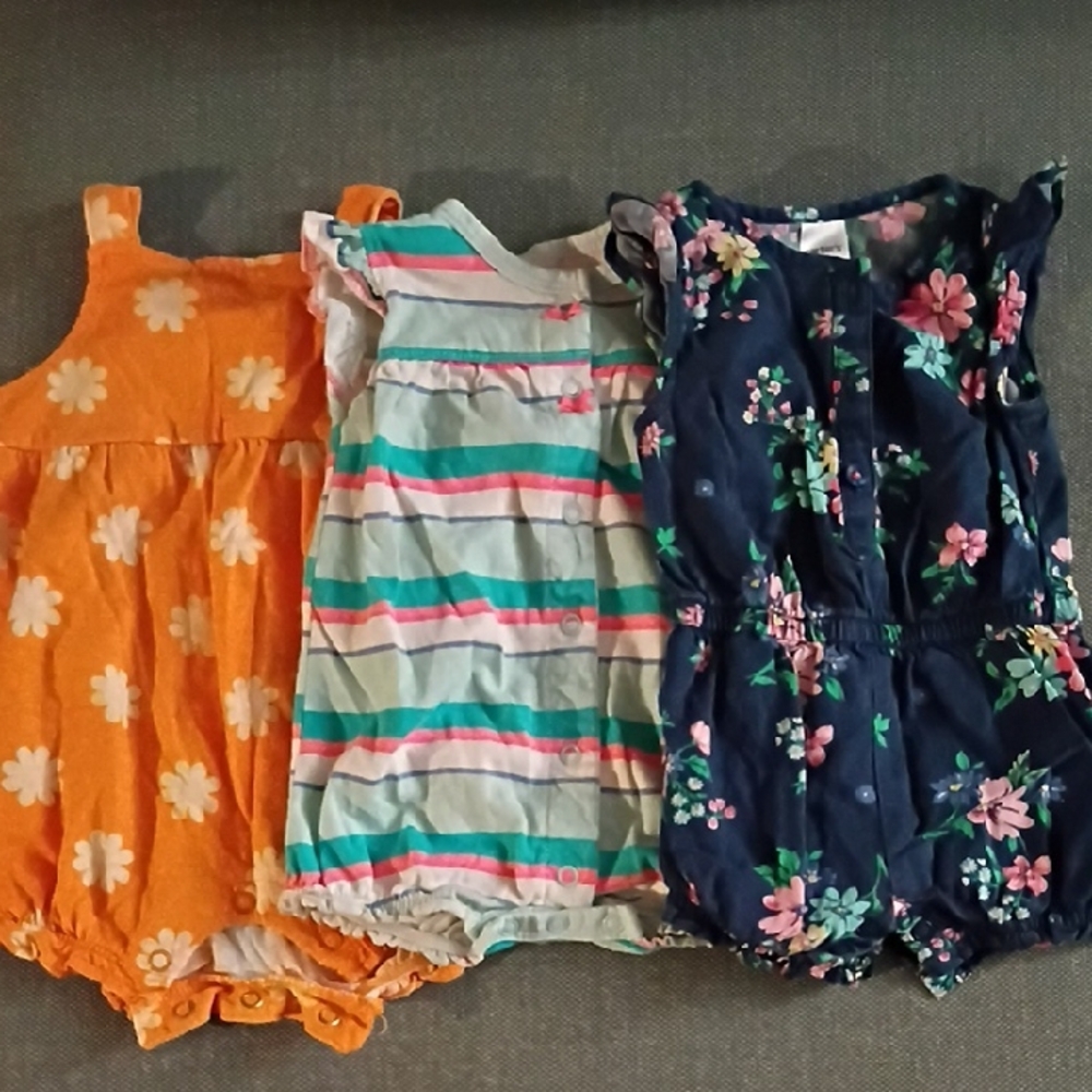 Set of Three Baby Rompers - Floral, Striped, and Daisy